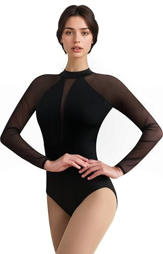 DANSHOW Women Black Ballet Leotard for Dance | V shaped mesh back,Breathable front lining,Slim fit tailored design,Soft skin friendly fabric