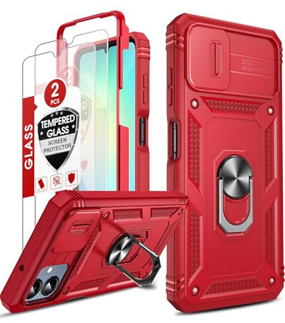 LeYi Kameraschieber Handyhülle für Samsung Galaxy A06 Hülle [2 Displayschutzfolie Glas] Militärschutz Case Schiebekamera Abdeckung Metallring Schutzhülle Drehhalter Cover Stoßfest Handy Hüllen Rot