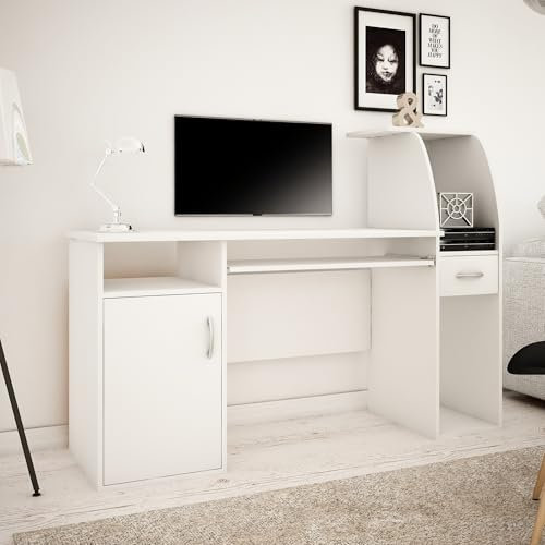 Home Collective Schreibtisch mit 2 Regalen Höhe 112 cm Computertisch Breite 150 cm Laminatplatte ideal für Büro Wohnzimmer oder Jugendzimmer mit geräumiger Arbeitsplatte Regalen und Schublade Weiß