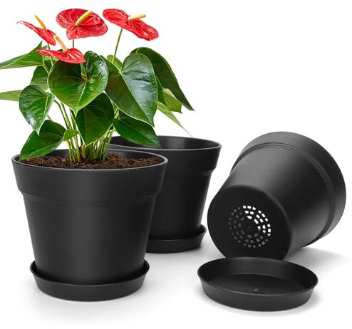 DENUOTOP Blumentopf Schwarz Pflanzentopf mit Untersetzer, Übertöpfe für Zimmerpflanzen, Plant Pot für Flower Kräuter Bonsai Orchideen (3er-Set 15cm)