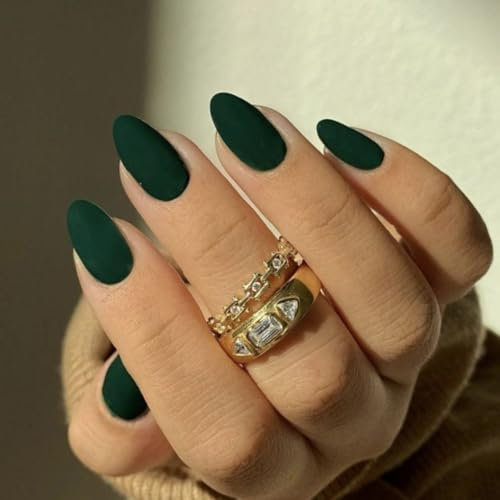 Matte Green False Nails Short Oval, SXVME Simple Acrylic Press on Nails Short, Green Fake Nails Short, Natural Glue on Nails Short Almond, Solid Gel Full Cover Stick On Nails For Women Daily Wear