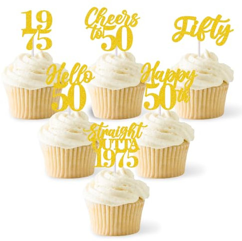 18Pcs 50th Birthday Cupcake Toppers, 50 Cupcake Toppers, Glitter Happy 50th Birthday Wedding Anniversary Party Decorations for Men Women - Glitter Glod
