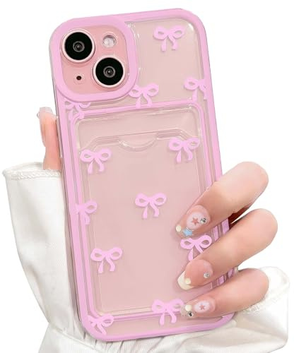 NITITOP Compatible with iPhone 15 Case Clear Bow Wallet,Pink | for Women Girls, Cute Bowknor Ribbon Design, with Card Holder, Color Frame, Soft TPU Shockproof Cover, Full Camera Protection