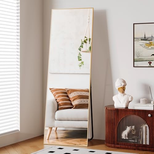 Clevich Miroir sur Pied 162 x 53 cm, Miroir Intégral Rettangolare avec Cadre en Aluminium, Anti-déflagrante, Grand Miroir Mural Suspendu, pour Salon, Sommeil, Dressing, Salle de Bain, Couloir, Doré