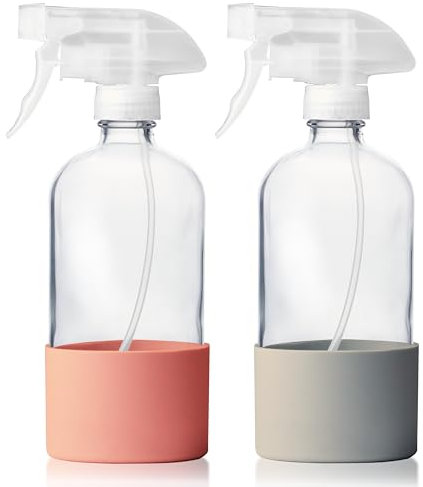 Vitachy. 2 Pcs Glass Sprayer Glass 500ml Silicone Base Spray Bottle Glass Bottle for Water Cleaning Hairstyle Pets Spray Atomizer (Salmon and Grey)
