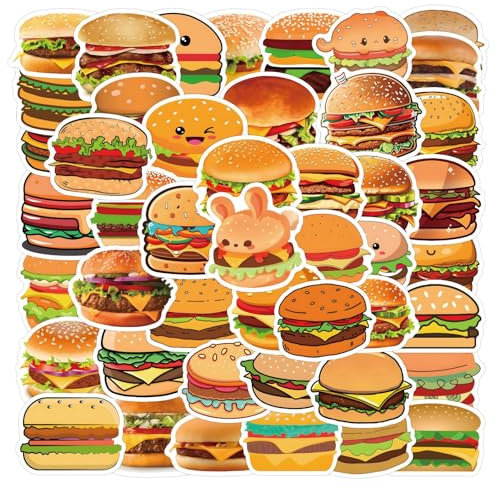 50 Stück Hamburger Aufkleber für Kinder Jugendliche Erwachsene,Leckeres Essen Wasserfeste Sticker Set für Wasserflaschen Fahrrad Helm Notebook Skateboard Gepäck Computer Telefon Gitarre