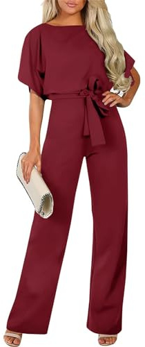 Aupuny Damen Elegante Halbe Ärmel Laterne Ärmel Jumpsuit Mit Gürtel Weites Bein Hose Jumpsuit