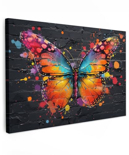 MuchoWow© Bild auf Leinwand Groß 120x80 cm XXL Schlafzimmer Bilder Badezimmer Wand Deko Wohnzimmer Modern Wanddeko Bilderwand Geschenk Schmetterling - Graffiti - Neonkunst - Farbenfroh - Kunst