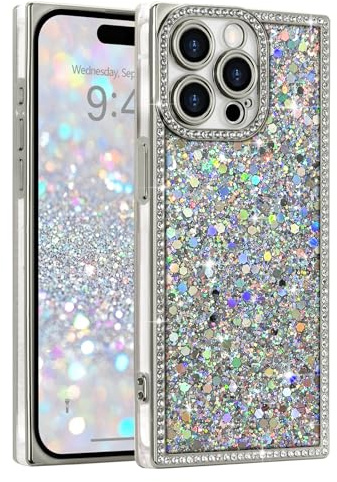 LAPOPNUT Glitter Phone Case for iPhone 14 Pro Max,Bling Rhinestones,Silver | Sparkly Bling Sequin, Crystal Diamonds Camera Protection, Rasied Rectangle Protective Shockproof Cover,Cute for Women Girls