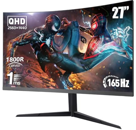 27 Inch QHD 2K 1800R Curved Gaming Monitor 165Hz 1ms 93% DCI-P3 FreeSync G-Sync HDR Game Crosshair Eye Care HDMI DP VESA Built-in Speakers
