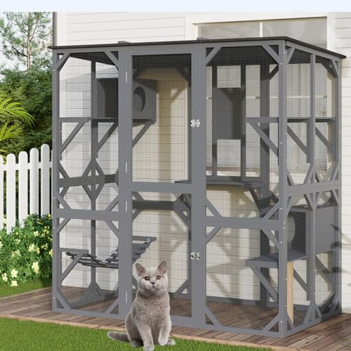 Large Outdoor Cat Enclosure, 70 Inch Window Access Catio for Cats Outdoor Patio with Waterproof Asphalt Roof, 4 Platforms, 2 Resting Box and Bridge Grey