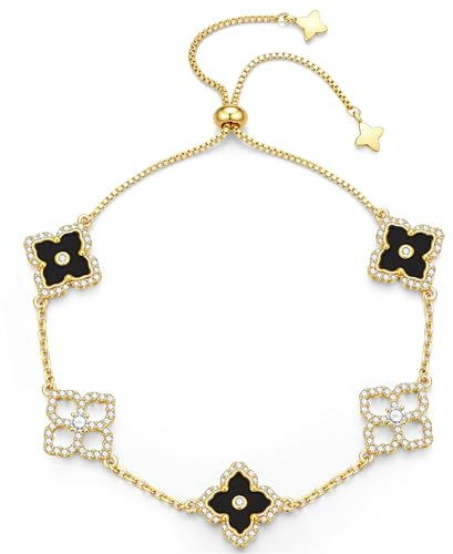 TINGN Gold Kleeblatt Armband Damen 14K Vergoldete Vierblättriges Kleeblatt Armband Schwarz Link Van Cleef Armbänder Armreif mit Erweiterung Glücksarmband Schmuck Geschenk für Damen