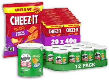 Pringles Sour Cream & Onion (12 × 40 g) und Cheez-It Snap'd Cheese & Chilli (20 × 40 g) – Snack-Bundle aus Chips mit Sour-Cream-Zwiebel-Geschmack und pikanten Käse Chips mit 100% echtem Käse