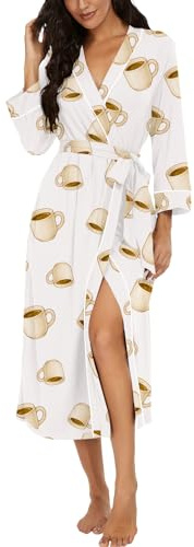 PrinStory Peignoir kimono léger pour femme - Manches 3/4 - Robe de chambre - Vêtement de nuit long - Décontracté - Peignoir de sauna, Tasse à café blanche, XXL