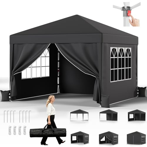 JUMMICO Pavillon 3x3 Wasserdicht Stabil Winterfest Höhe Verstellbar | Faltpavillon mit 4 Seitenwänden,UV Schutz 50+,Gartenpavillon Faltzelt Verdickten Röhren für Garten,Innenhof,Gazebo Grau