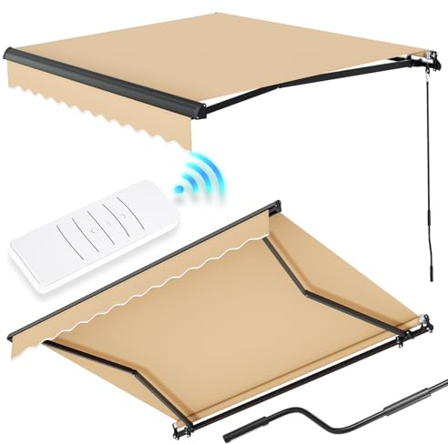 Vkechh Elektrische Gelenkarmmarkise mit Fernbedienung & Kurbel, Markise als Sonnenschutz & Sichtschutz, Terrassenmarkise & Balkonmarkise mit Neigungswinkel bis 45° verstellbar (250cm Beige)