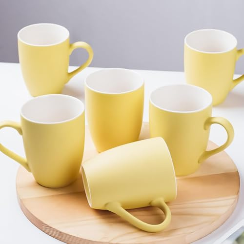 Coffee Mugs Set of 6, 12oz Ceramic Coffee Mugs with Handle, Colorful Matte Porcelain Coffee Mug for Latte, Tea, Cocoa, Cappuccino, Cups for Women Men for Home Restaurant Mug (Yellow)