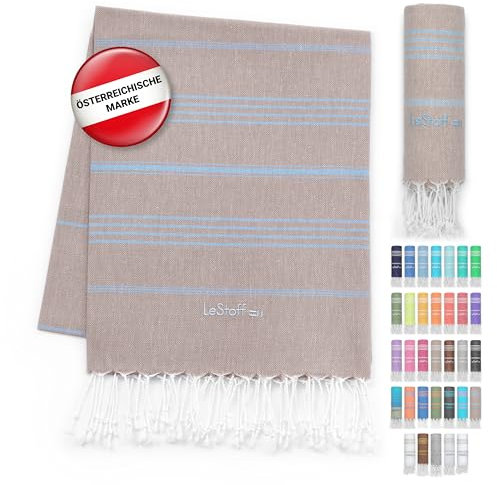 LeStoff Hamamtuch - 100% Bio-Baumwolle, 95 x 180 cm, Vorgewaschen, Saugstark, Schnelltrocknend, Leicht, Schick, Badehandtuch Damen, Strandtuch Damen, Badetuch groß (Beige - Hellblau)