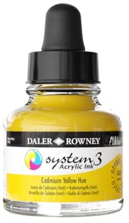 Daler-Rowney System3 Acrylic Ink, Glass Bottle with Dropper, Opaque, 1oz - 29.5 ml, Cadmium Yellow Hue