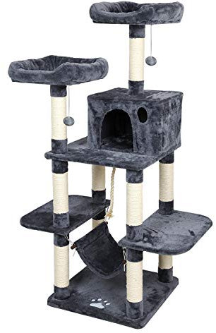 Meerveil Arbre à Chat 145 cm, Tour de Jeux pour Chats avec 2 Pompons 2 Plateformes 1 Niche, Gris