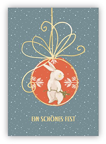 16er Set: Entzückende Weihnachtskarte mit kleinem Hasen in Weihnachtskugel: Ein schönes Fest • als weihnachtliche Grusskarte zum Jahreswechsel für Familie