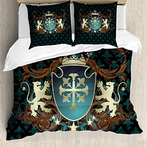 ABAKUHAUS Mittelalterlich Bettbezugs Set Für Doppelbetten, Mittelalter Wappen, Milbensicher Allergiker geeignet mit Kissenbezügen, Teal Schwarz Zimt