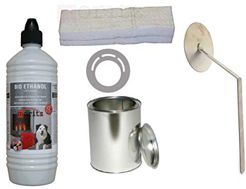 Moritz Starter Set 5 x 1000 ml Bio Ethanol + 1x Blechdose 500 ml mit Deckel + 1x Watte/Keramikwolle + 1x Flammenkiller + Sparplatte für Brenner Kamin Ofen Sicherheitsbrenner Brennpaste