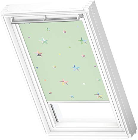 VELUX Original Dachfenster Verdunkelungsrollo für CK04, Grüne Sterne, mit Weißer Führungsschiene