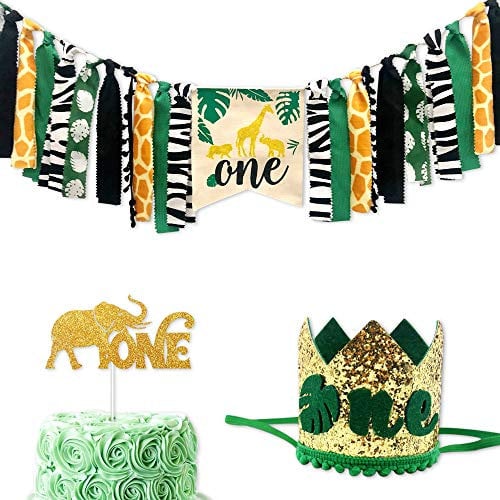 Baby 1st Birthday Wild One High Chair Banner Boy First Crown Glitter Cake Topper for Jungle Animal Supplies