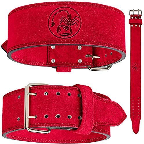 Scorpion Power Lifting Gewichthebergürtel aus Stahl mit Doppelzacken-Schnalle, Wettkampf, Standard, Leder, 10 mm dick x 100 mm breit (rot, mittel)