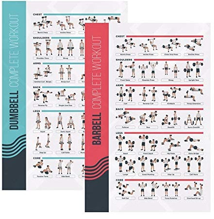 PosterMate - Fitness Poster fürs Kurz- & Langhanteltraining - 2er Set - 42 x 63 cm - perfekte Übersicht - professionelles Bodybuilding Poster zum Training - Geeignet für Mann, Frau, Homegym & Sport