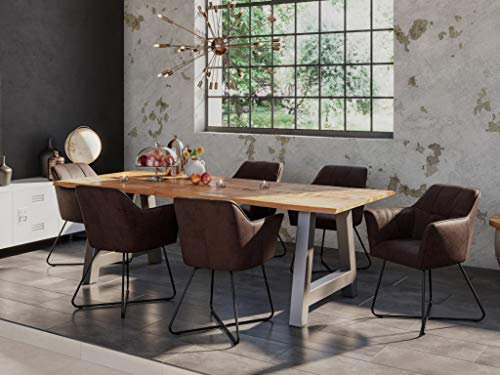 SAM 7tlg. Essgruppe Dora 200 x 100 cm, Mangoholz massiv & naturfarben, Baumkantentisch mit A-Metallgestell in Silber + 6X Stuhl Kirin in Wildleder-Optik