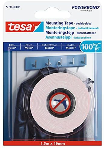 tesa Powerbond Doppelseitiges Befestigungsband für Fliesen und Metall - Wandmontageband - Feuchtraum, Badezimmer geeignet - 1,5 m x 19 mm - 100kg/m