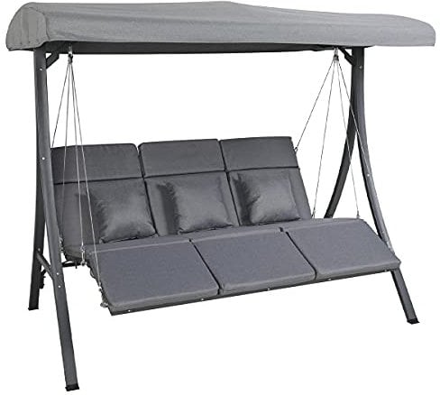 Charles Bentley 3 Seater Lounger Swing Chair for Garden or Patio Outdoors Grey Removable Canopy