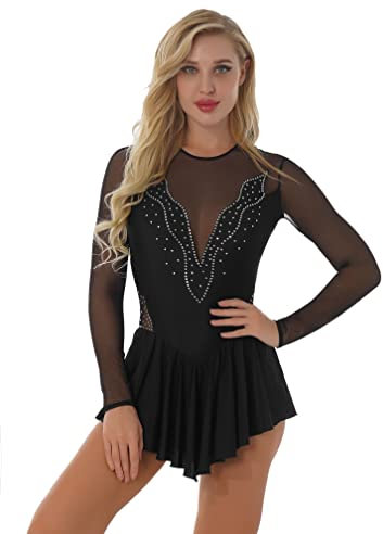 Agoky Damen Kleid Langarm/Kurzarm Eiskunstlauf Bekleidung Ballettkleid Tanz Gymnastik Leotard Trikot mit Skaterrock Schwarz F S