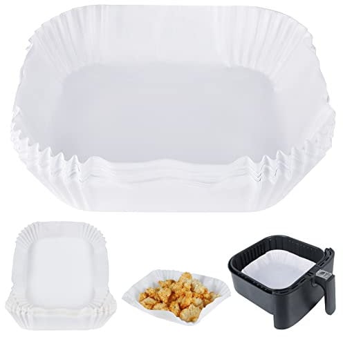 BYKITCHEN Air Fryer Disposable Liners, 50PCS Square Air Fryer Paper Liners, 6.5 inch Inner & 8.3 inch Diameter, Greaseproof Paper for Air Fryer, Compatible with COSORI, Ninja, Tower and More (White)