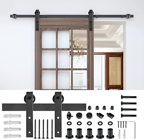 Aufun Schiebetürbeschlagset, 200 cm Schienen Schiebetürsystem mit Laufschienen, Max. Belastung 130 kg, Aufhängen Gleitschiene für Holzschiebetüren, Verschiebbarer Wandschrank und Scheunentore