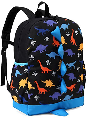 VASCHY Kinderrucksack, Niedlicher Wasserabweisend Rucksack Vorschule Kindergarten Daypack Schultasche Büchertasche Brustgurt für Kleine Jungen Mädchen Schwarz Dinosaurier