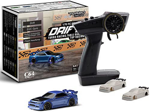 FLYCOLOR Turbo Racing 1:76 Scale Drift RC Car with Gyro Mini Full Proportional RTR 2.4GHZ Remote Control with 2 Replaceable Body Shell (C64-Blue)