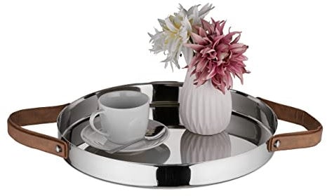 Relaxdays Rundes Serviertablett Servir Comida Diseño Redondo con Asas, Bandeja Desayuno, Fuente Acero INOX, 35 cm, Decorativa, Plata, Inoxidable