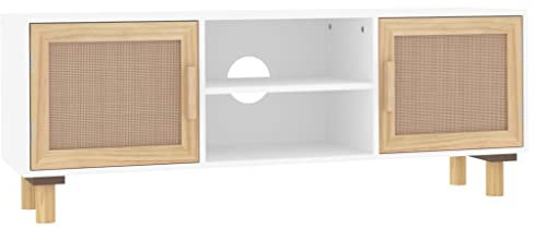 vidaXL Meuble TV Centre de Divertissement Armoire Multimédia Meuble de Rangement Salle de Séjour Blanc 105x30x40cm Bois de Pin Massif et Rotin Naturel