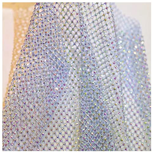 SHTGOI Strass Mesh Stoff 100x120cm Dehnbar Strass-Netz mit AB Farbe Strasssteinen Schneidbarer Netzstoff zum Schuhkappe Kleidung Strassbesetztes Netz Himmelblau