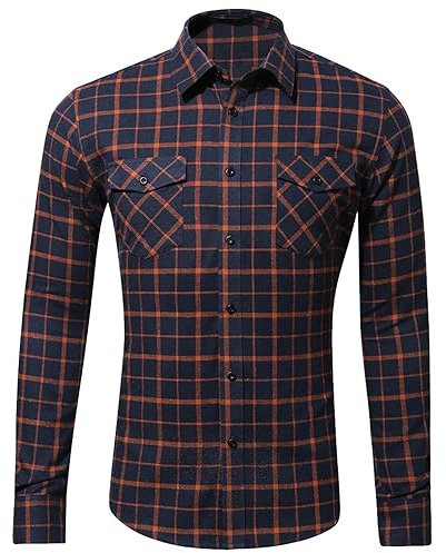 Azruma Leinenhemd Kompressionsshirt Herren Arbeitspullover Herren Männer Slim Fit Kariertes Revers Button Down Langarmshirt Mit Brusttasche Oktoberfest Hemden Herren Muskelshirt (2-Ginger, XXL)