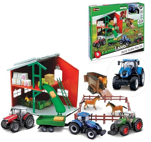 BBURAGO 69-TLG FARMLAND 1x Fendt 1050 Vario Traktor, grün, inkl. Pferdestall & Pferde - Bauernhof Modelltraktor Spielzeugtraktor mit Schwungrad-Antrieb, Spielzeugtraktor für Kinder ab 3+ (18-31682)