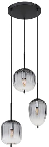 GLOBO Hängelampe Pendelleuchte Deckenlampe Wohnzimmerleuchte Esszimmerlampe, Metall schwarz Glas rauchfarben, 3 Flammig E14, H 120 cm
