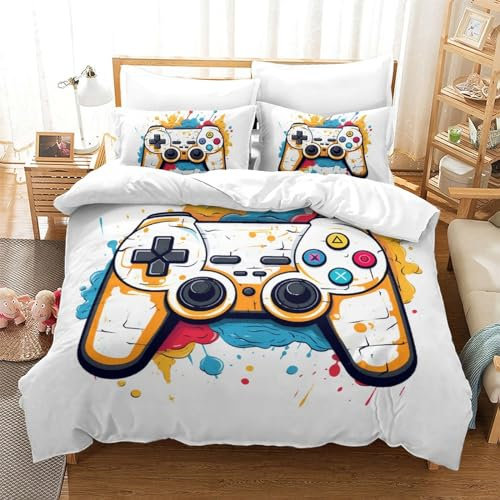 Gamer Bettwäsche Microfaser, 3D Druck Aesthetic Bettwäsche 200x200, Gamepad Bettwäsche-Sets Für Jungen Und Mädchen (1xBettbezug 200x200cm + 2xKissenbezug 50x75cm)