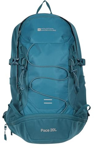Mountain Warehouse Pace 20 l Rucksack – Trinkkompatibler Rucksack, Airflow-Rückensystem Rucksack, Packaway-Regenhülle – Rucksack für Reisen, Wandern, Camping Blaugrün Einheitsgröße