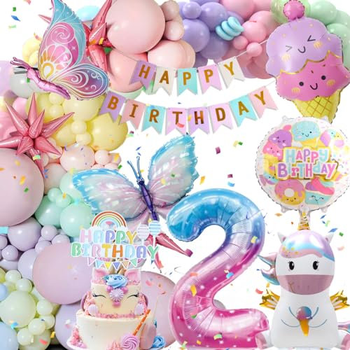 2 Jahre Geburtstagsdeko Mädchen, Deko Luftballons Kindergeburtstag, Einhorn Kindergeburtstag Deko, 2 Jahre Happy Birthday Deko, Einhorn Schmetterling Folienballon Geburtstag Deko für 2 Jahre Mädchen