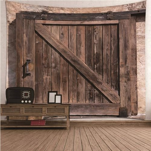 Mesnt Wandteppich Für Schlafzimmer, Holztür im Landhausstil Weichen Stoff Wohnzimmer Schlafzimmer Teppich Picknickdecke Wanddeko (Braun, 210 x 140 cm)