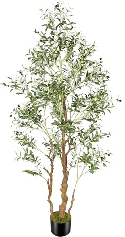 OXLLXO 7.2ft Artificial Olive Tree (85in) with Plastic Nursery Pot Faux Olive Silk Tree, Fruits Fake Plant for Office House Farmhouse Living Room Home Decor (Indoor/Outdoor)